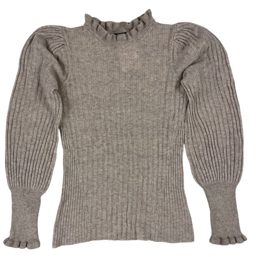Elie Tahari Cashmere Wool Blend Ruffle Puff-Sleeve Sweater Oatmeal Neutral Small